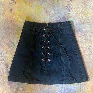 Navy Lace-Up Denim Mini Skirt